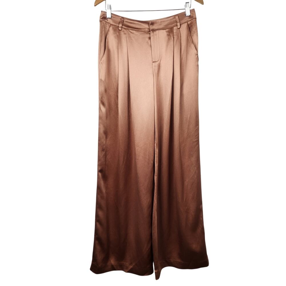 Retrofete Wide Leg Pleated Pant Size Medium? Brown/Gold Satin